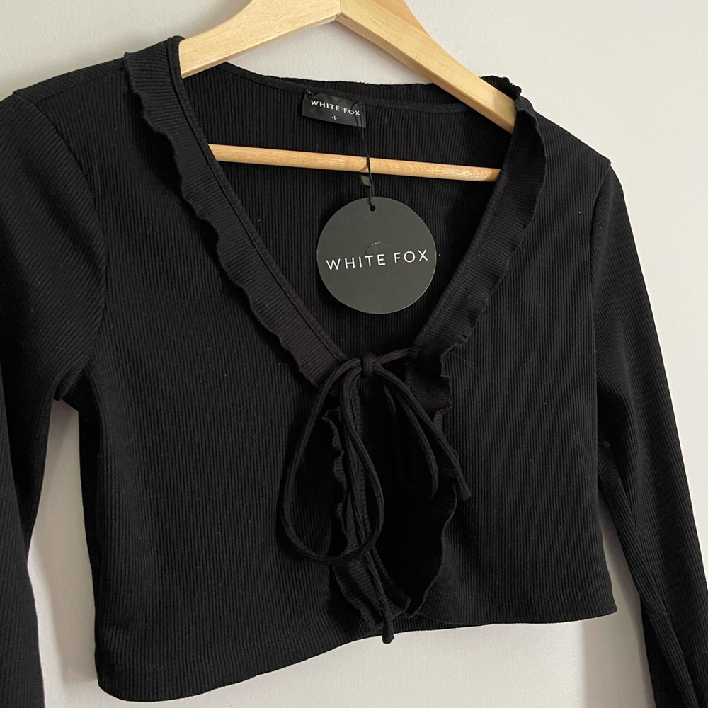 Ribbed Long Sleeve Tie Front Crop Black